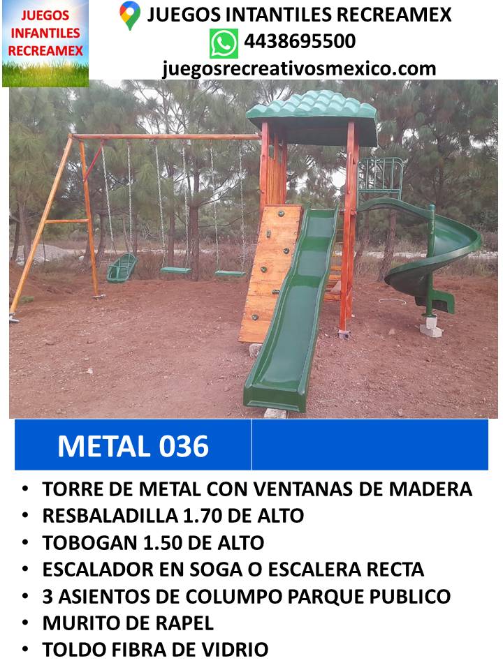 modulo de metal con rapelito, resbaladilla, columpios, tobogan